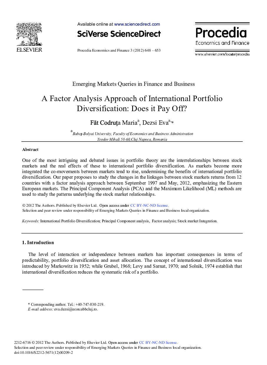 A Factor Analysis Approach of International Portfolio Diversification: Does it Pay Off? 