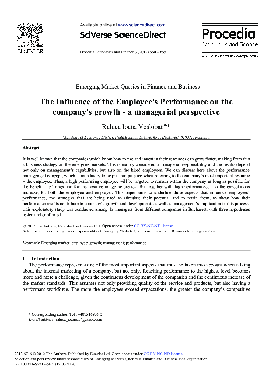 The Influence of the Employee's Performance on the Company's Growth - A Managerial Perspective 