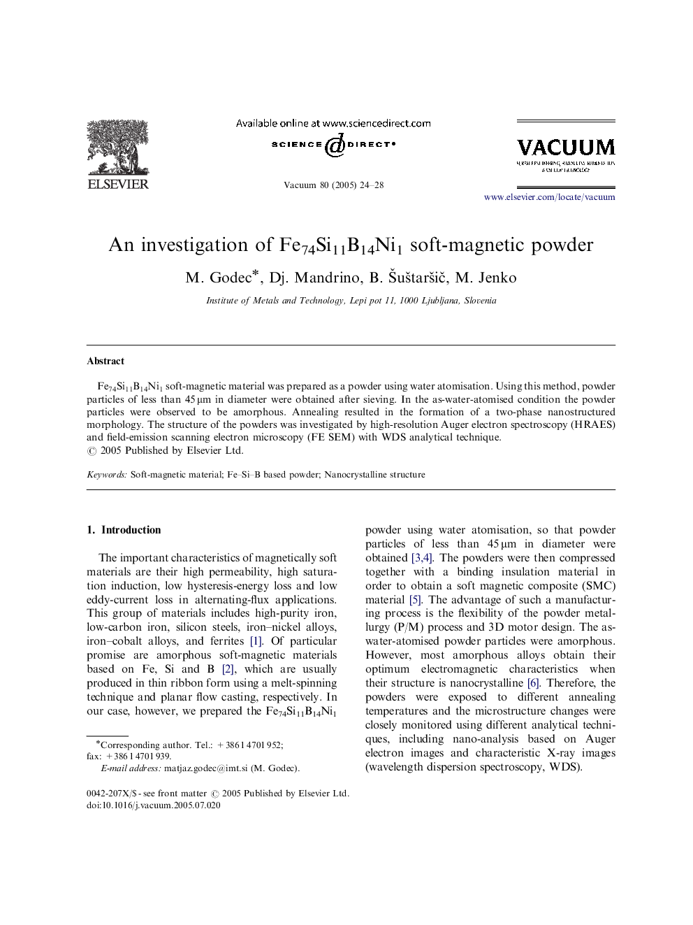 An investigation of Fe74Si11B14Ni1 soft-magnetic powder