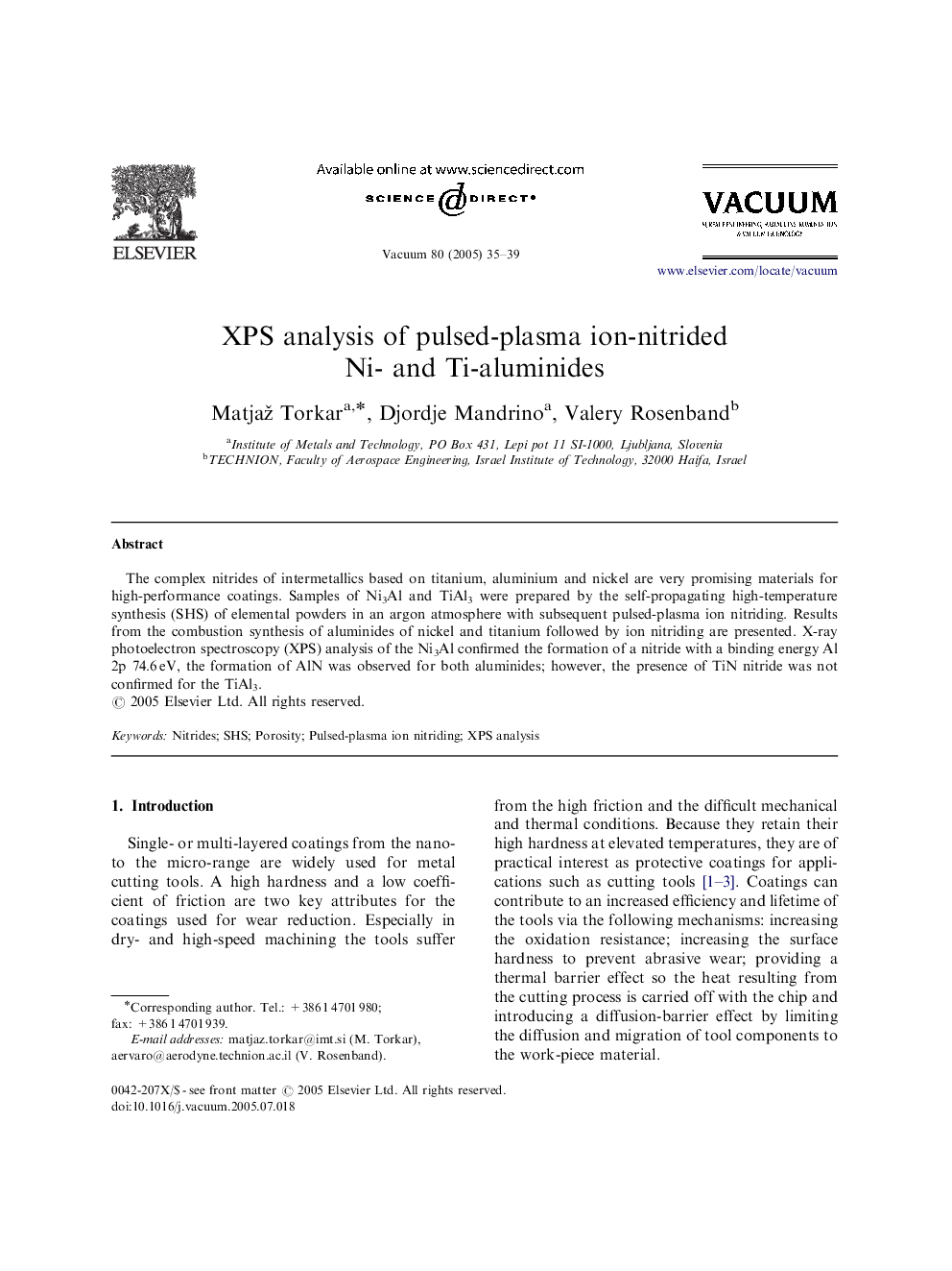 XPS analysis of pulsed-plasma ion-nitrided Ni- and Ti-aluminides