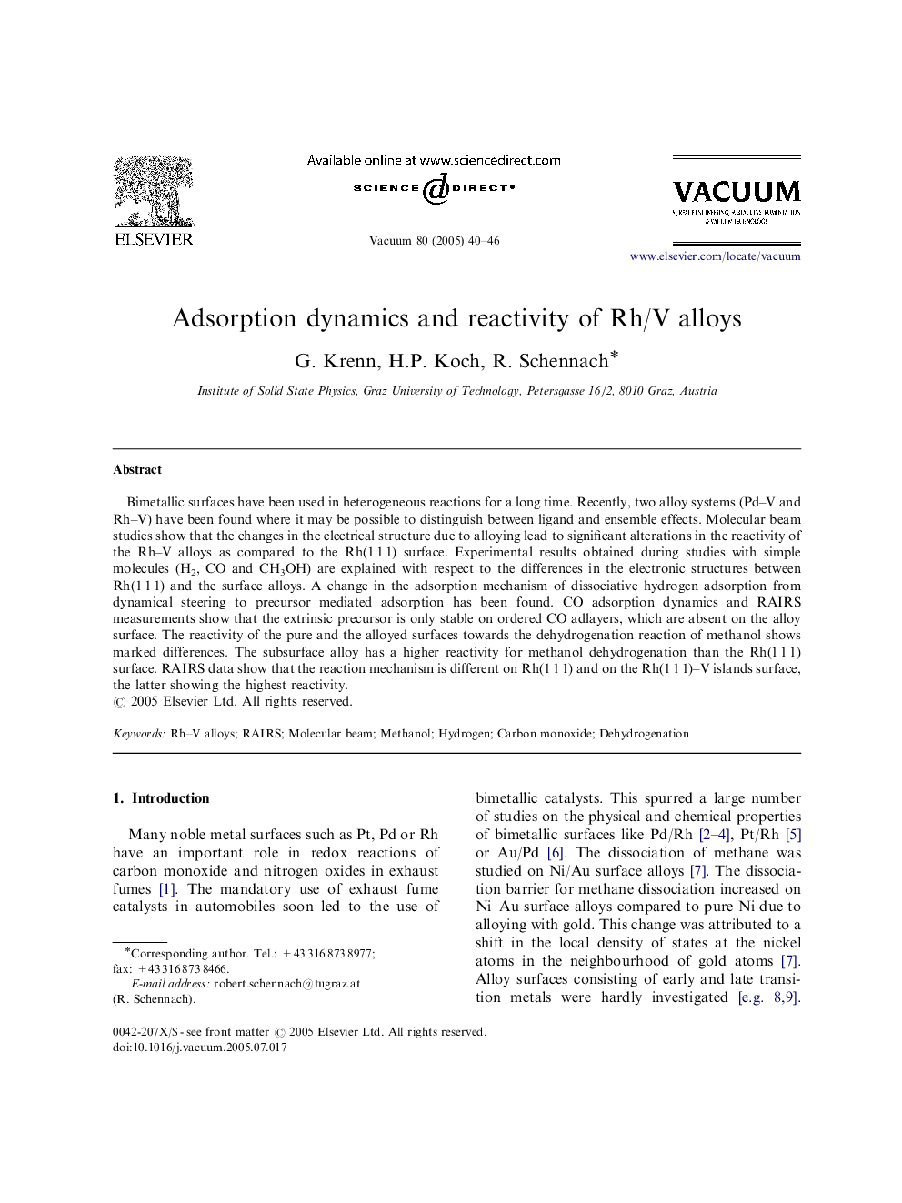Adsorption dynamics and reactivity of Rh/V alloys