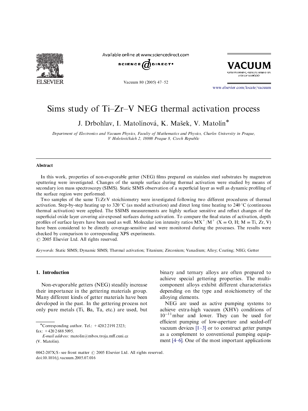 Sims study of Ti-Zr-V NEG thermal activation process