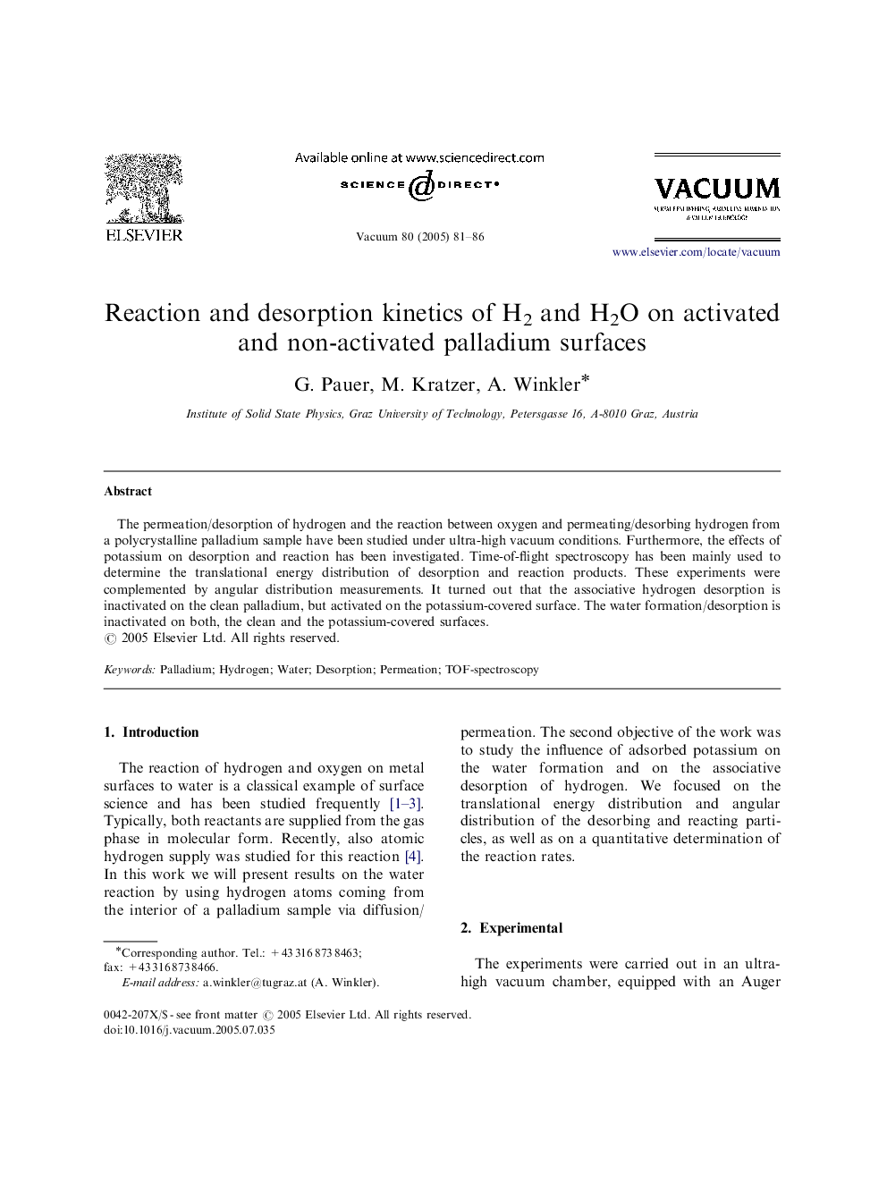 Reaction and desorption kinetics of H2 and H2O on activated and non-activated palladium surfaces