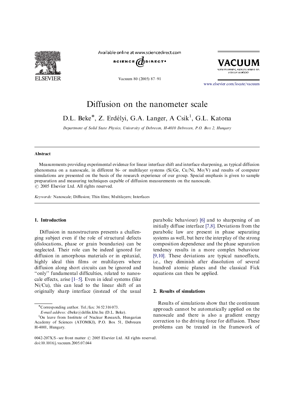 Diffusion on the nanometer scale