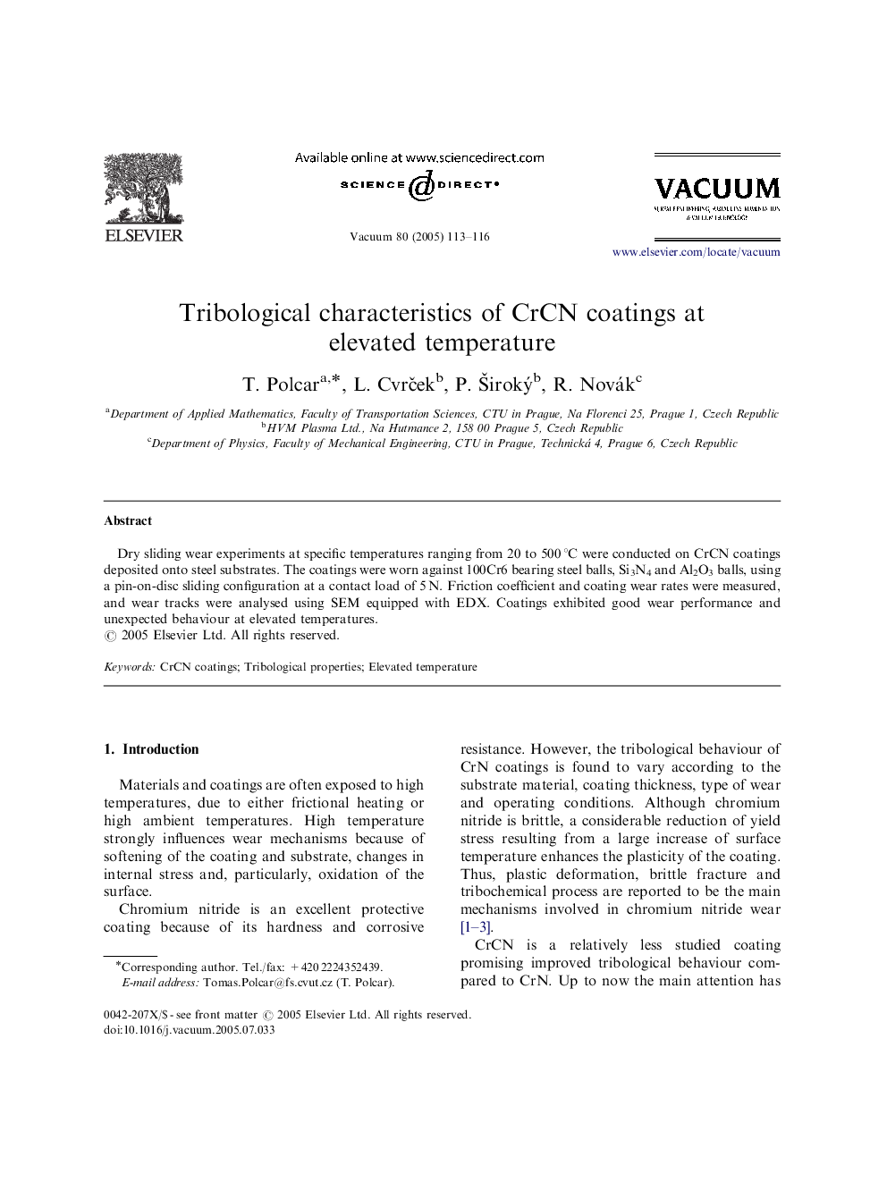 Tribological characteristics of CrCN coatings at elevated temperature