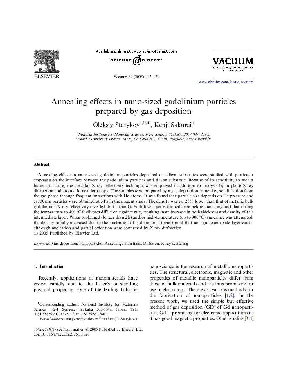 Annealing effects in nano-sized gadolinium particles prepared by gas deposition