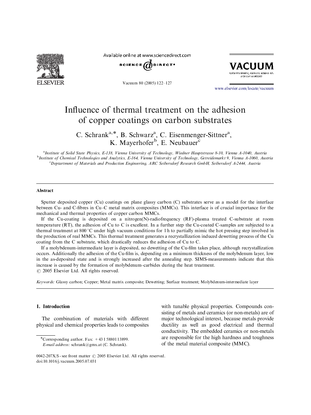 Influence of thermal treatment on the adhesion of copper coatings on carbon substrates