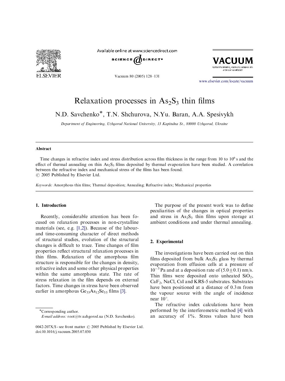 Relaxation processes in As2S3 thin films