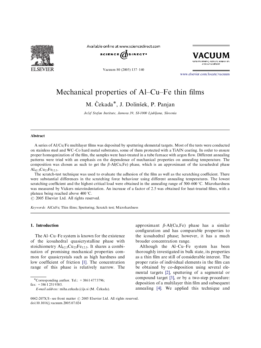 Mechanical properties of Al-Cu-Fe thin films