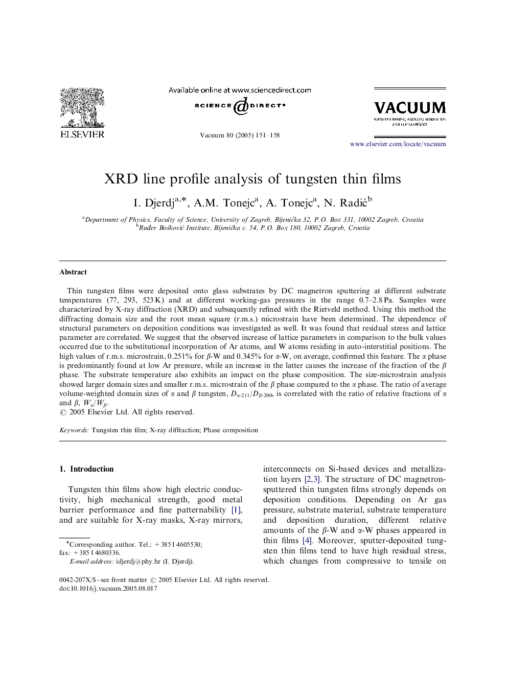XRD line profile analysis of tungsten thin films