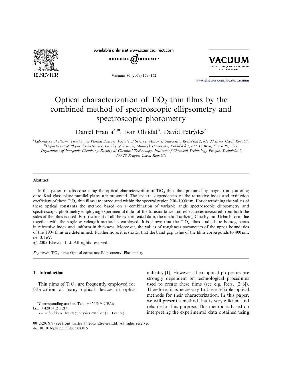 Optical characterization of TiO2 thin films by the combined method of spectroscopic ellipsometry and spectroscopic photometry
