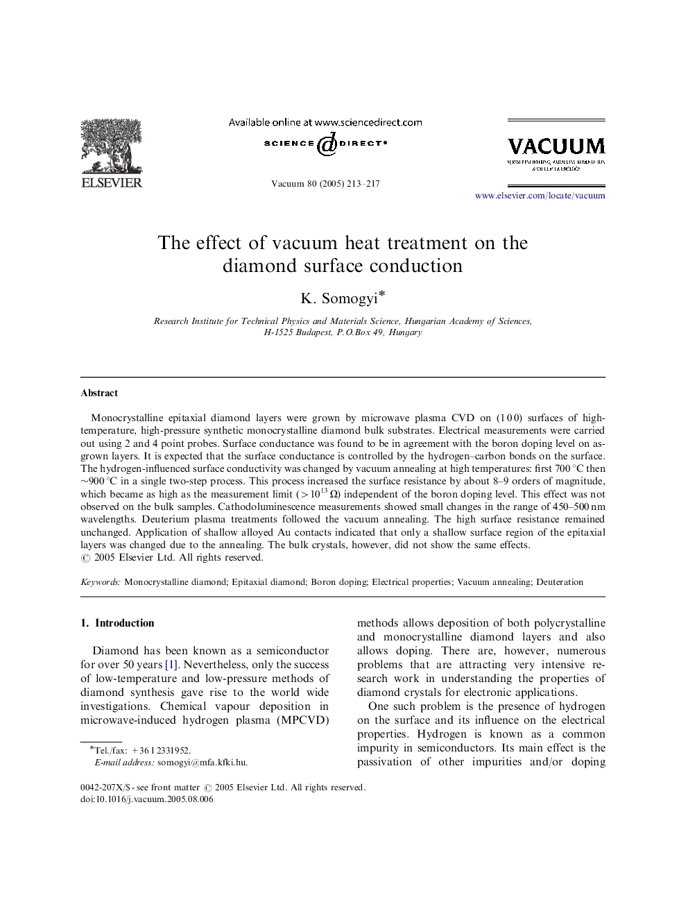The effect of vacuum heat treatment on the diamond surface conduction