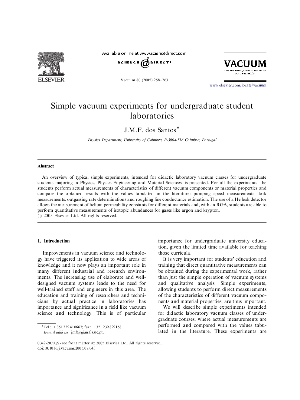 Simple vacuum experiments for undergraduate student laboratories