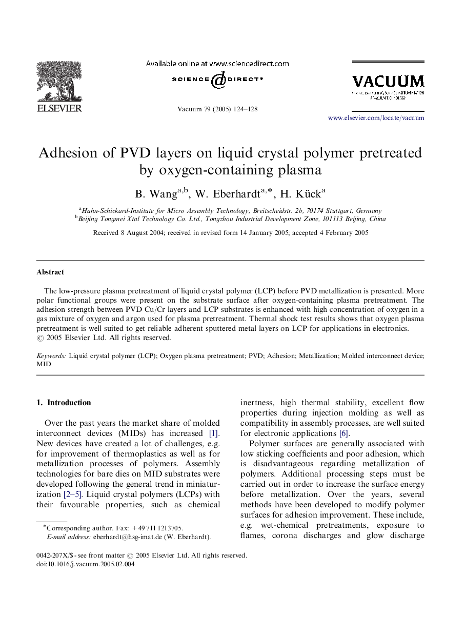 Adhesion of PVD layers on liquid crystal polymer pretreated by oxygen-containing plasma