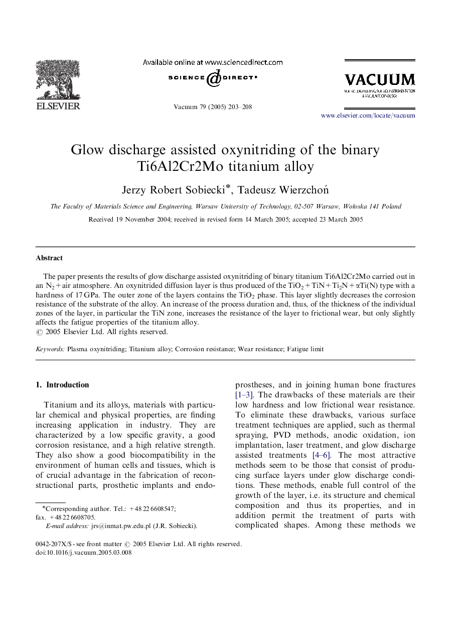 Glow discharge assisted oxynitriding of the binary Ti6Al2Cr2Mo titanium alloy