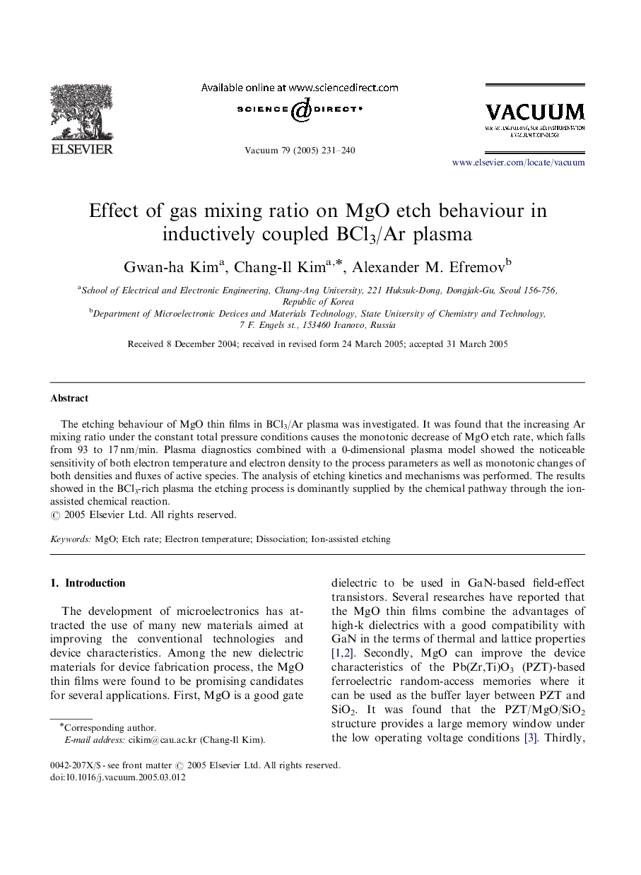 Effect of gas mixing ratio on MgO etch behaviour in inductively coupled BCl3/Ar plasma