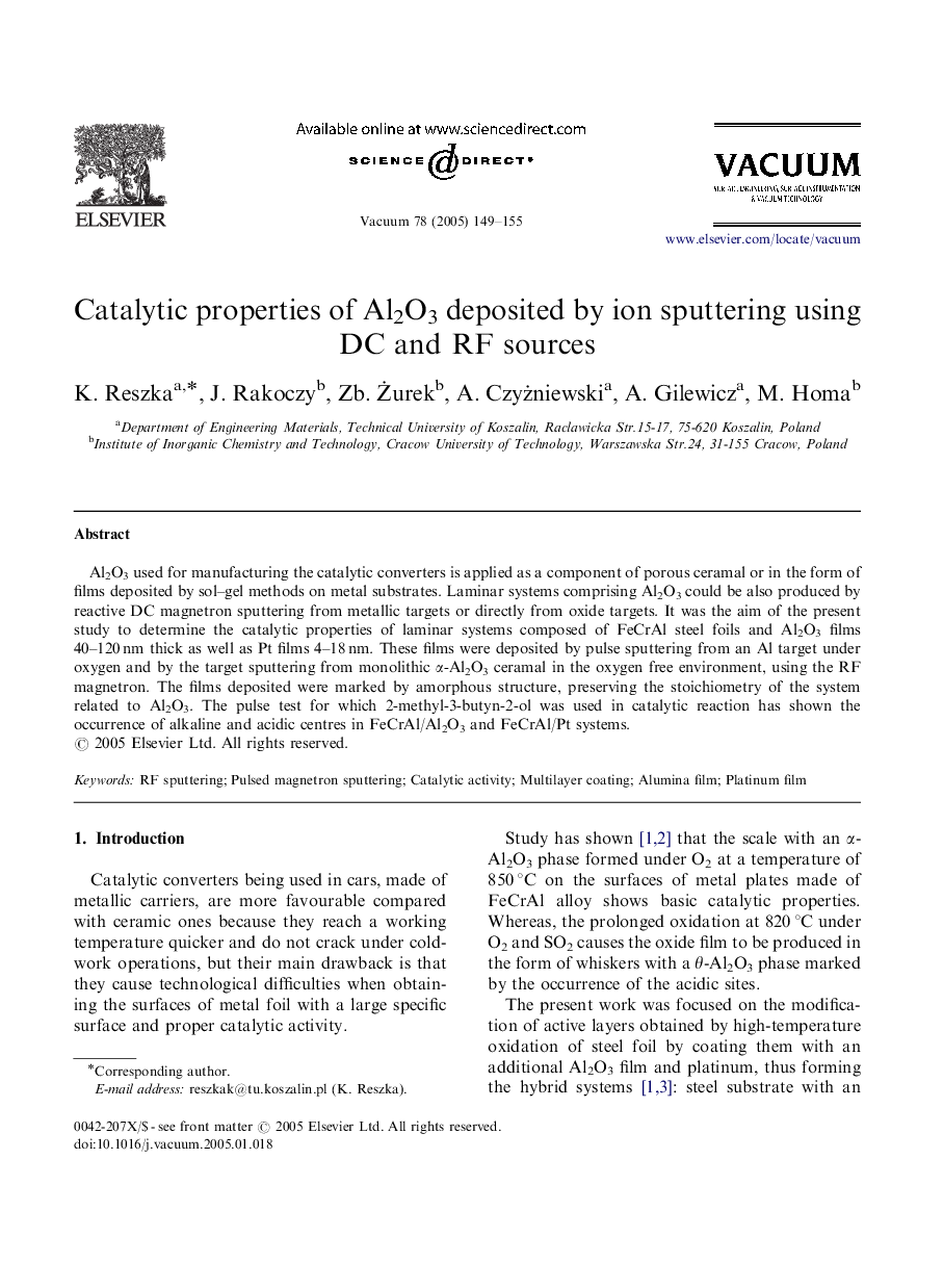 Catalytic properties of Al2O3 deposited by ion sputtering using DC and RF sources