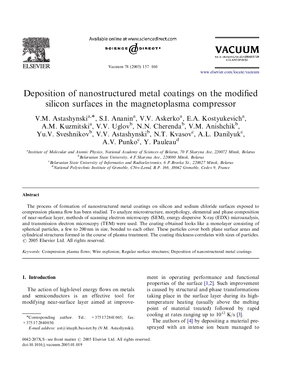 Deposition of nanostructured metal coatings on the modified silicon surfaces in the magnetoplasma compressor