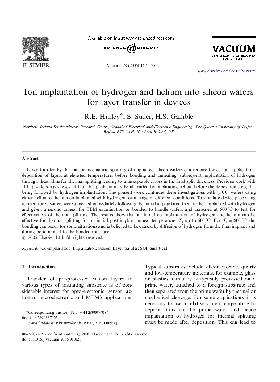 Ion implantation of hydrogen and helium into silicon wafers for layer transfer in devices