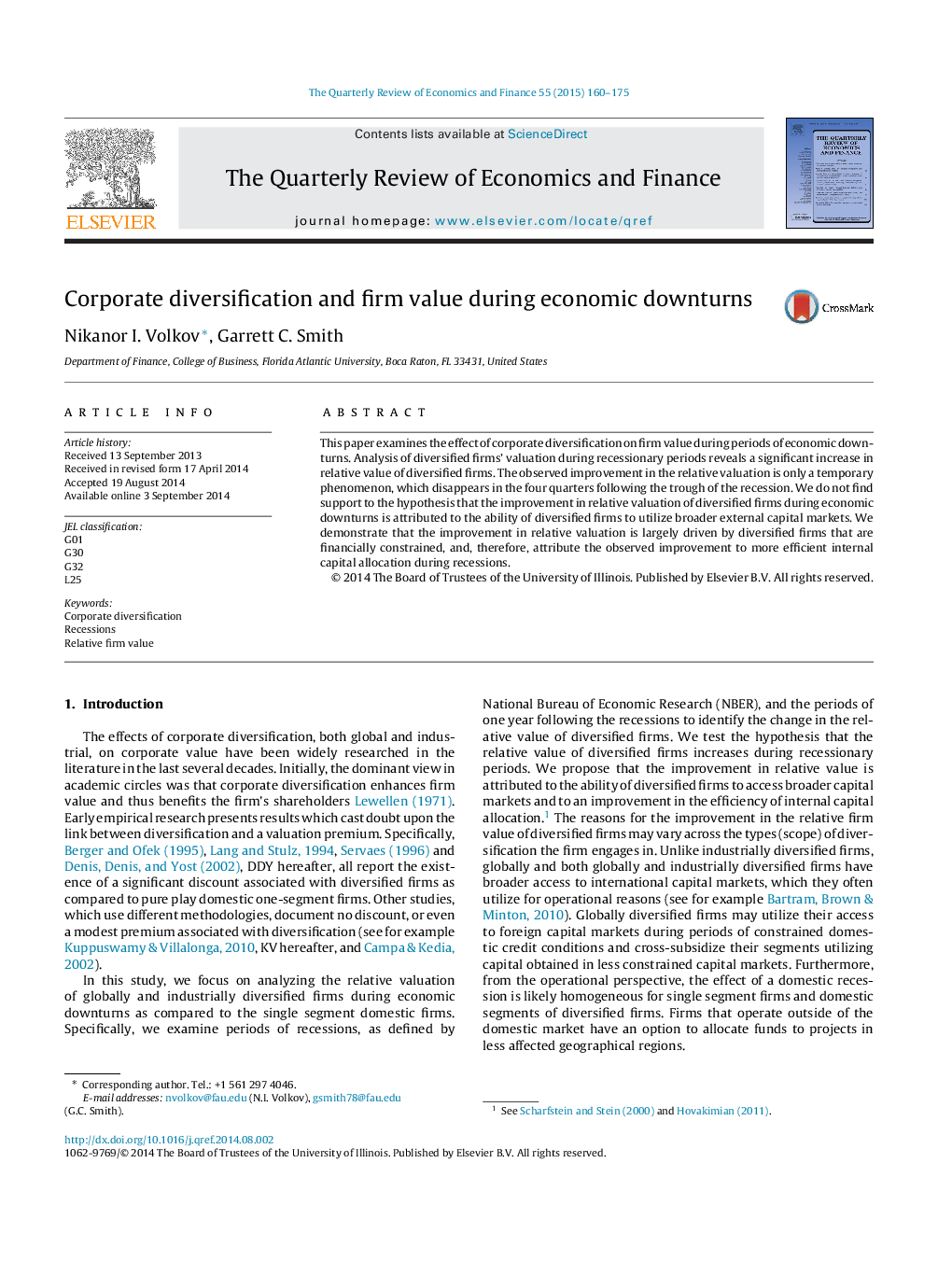 Corporate diversification and firm value during economic downturns