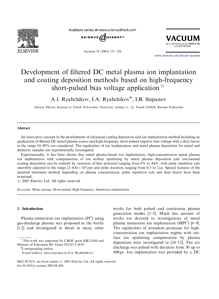 Development of filtered DC metal plasma ion implantation and coating deposition methods based on high-frequency short-pulsed bias voltage application