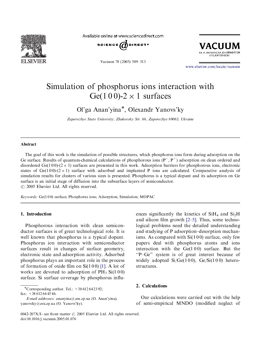 Simulation of phosphorus ions interaction with Ge(1Â 0Â 0)-2Ã1 surfaces