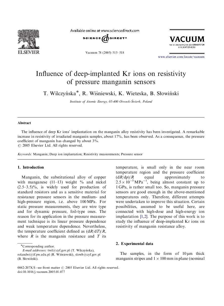 Influence of deep-implanted Kr ions on resistivity of pressure manganin sensors