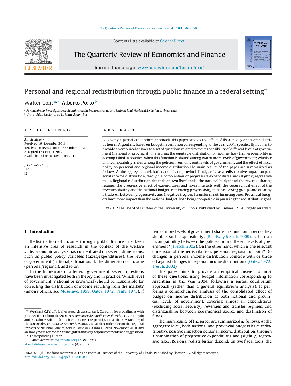 Personal and regional redistribution through public finance in a federal setting 