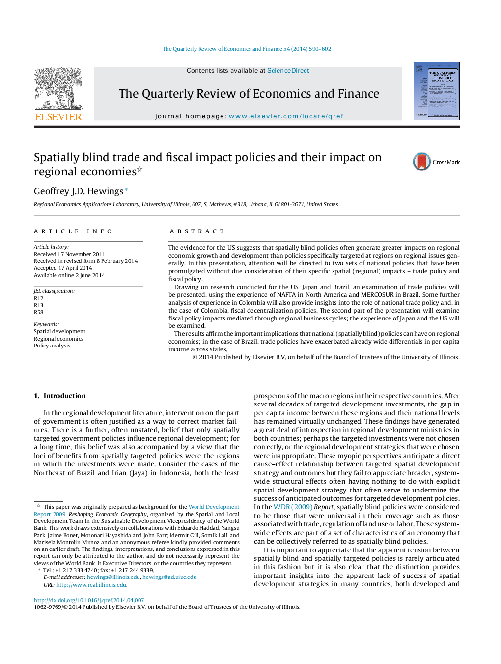 Spatially blind trade and fiscal impact policies and their impact on regional economies 