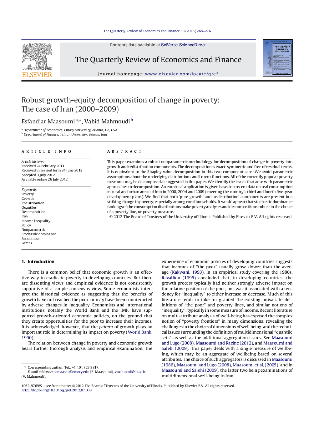 Robust growth-equity decomposition of change in poverty: The case of Iran (2000–2009)