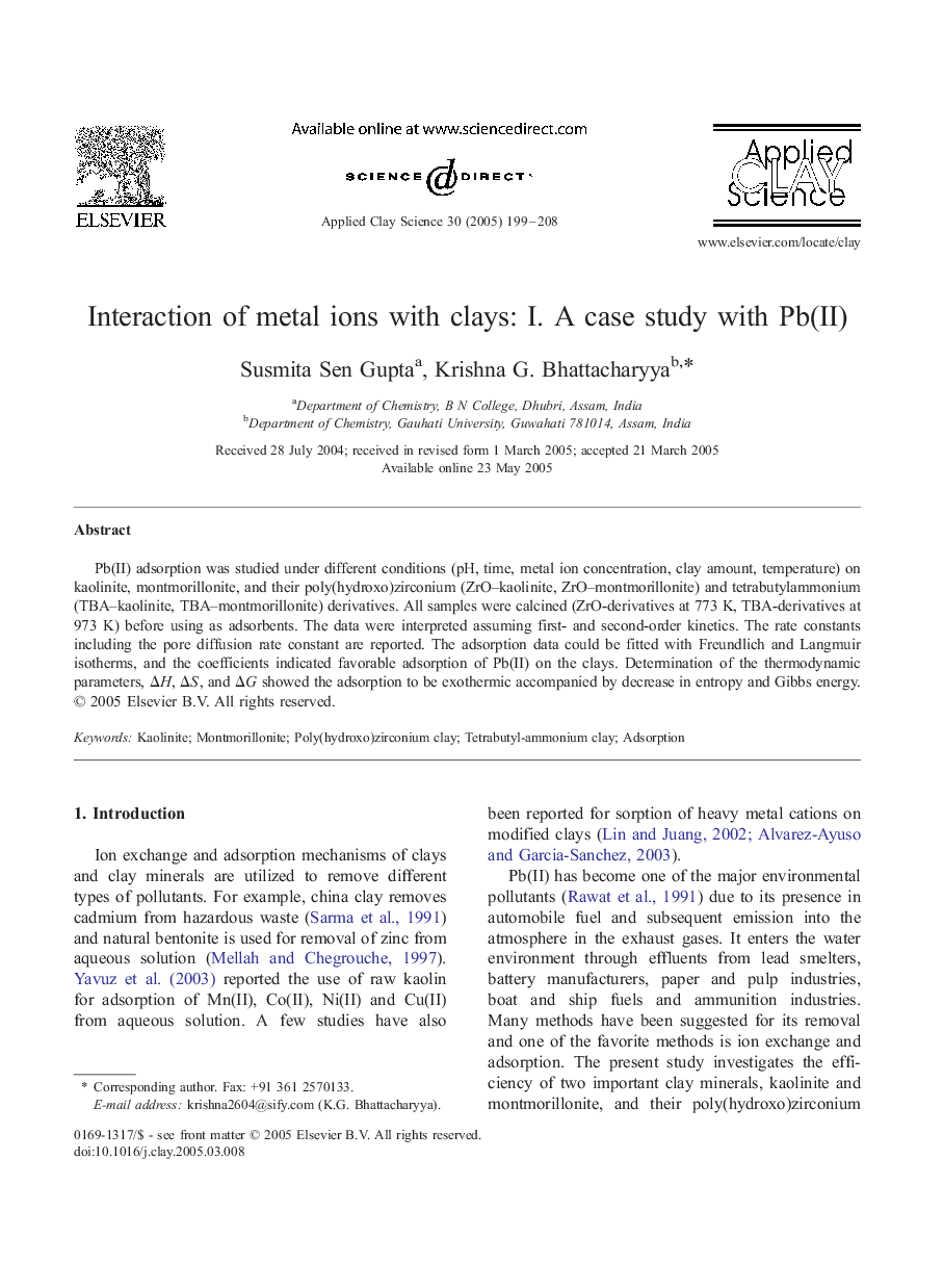 Interaction of metal ions with clays: I. A case study with Pb(II)