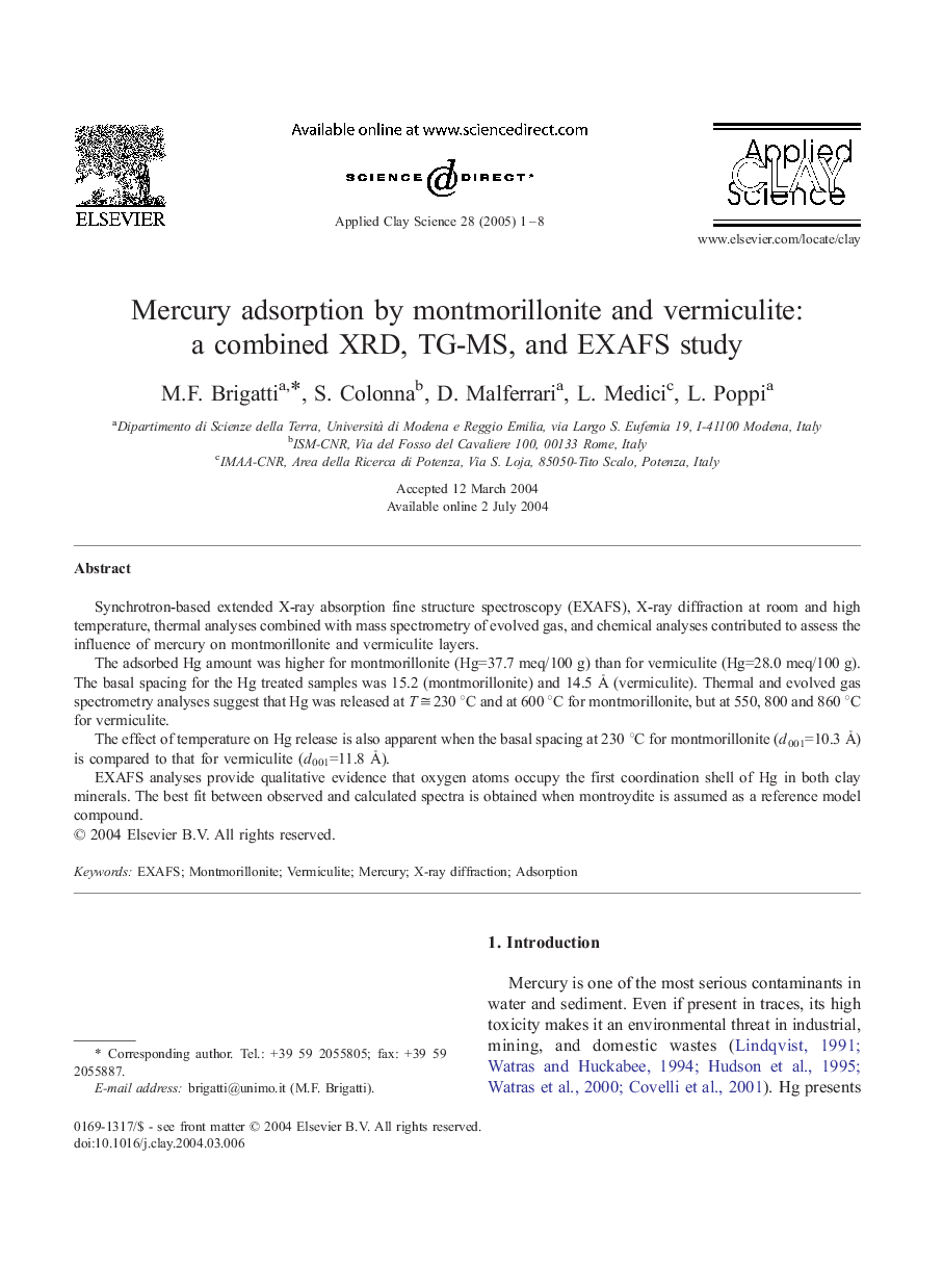 Mercury adsorption by montmorillonite and vermiculite: a combined XRD, TG-MS, and EXAFS study