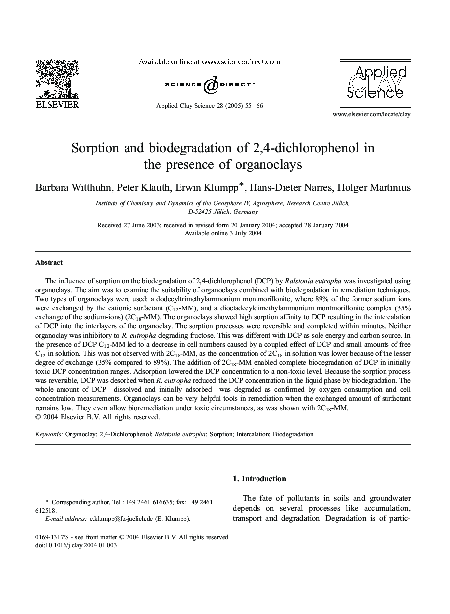 Sorption and biodegradation of 2,4-dichlorophenol in the presence of organoclays