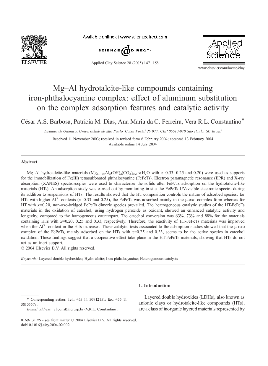 Mg-Al hydrotalcite-like compounds containing iron-phthalocyanine complex: effect of aluminum substitution on the complex adsorption features and catalytic activity