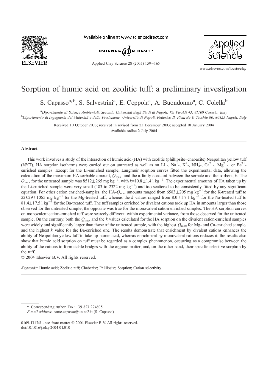 Sorption of humic acid on zeolitic tuff: a preliminary investigation