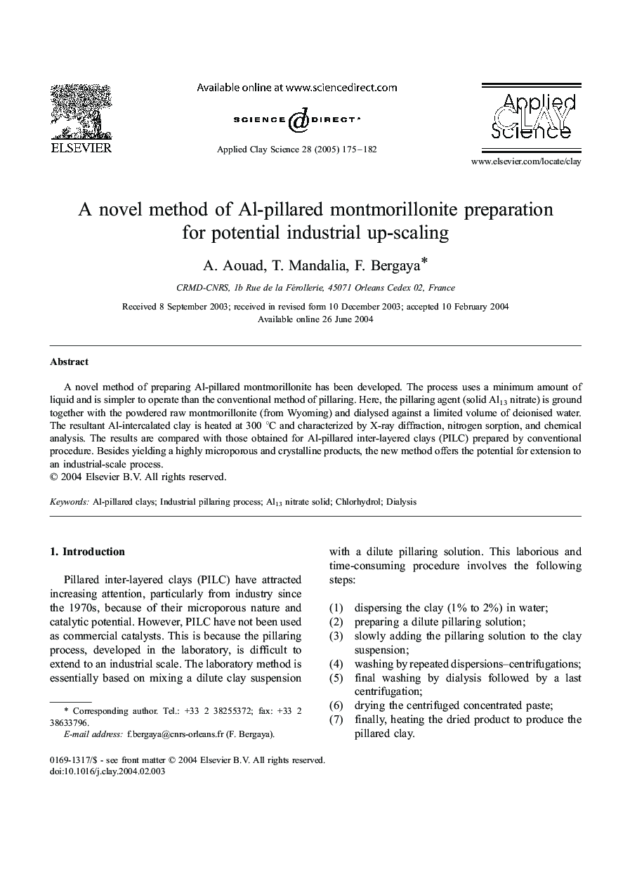 A novel method of Al-pillared montmorillonite preparation for potential industrial up-scaling