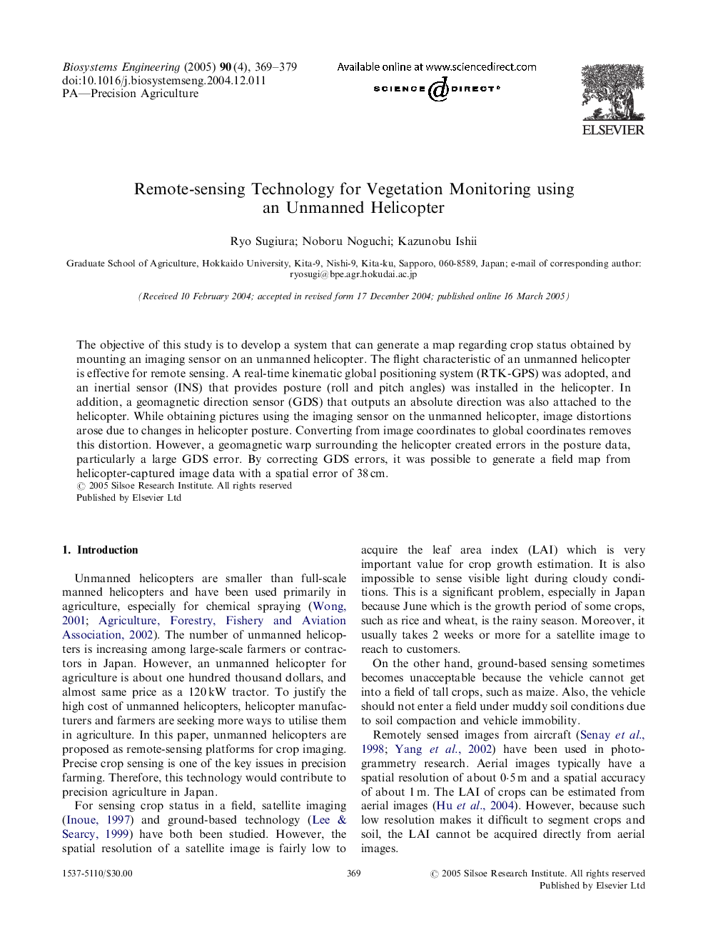 Remote-sensing Technology for Vegetation Monitoring using an Unmanned Helicopter