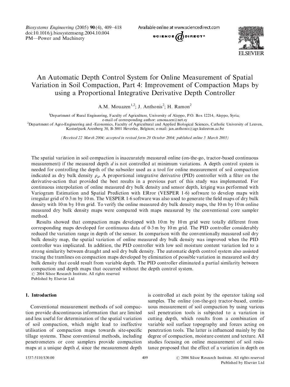 An Automatic Depth Control System for Online Measurement of Spatial Variation in Soil Compaction, Part 4: Improvement of Compaction Maps by using a Proportional Integrative Derivative Depth Controller