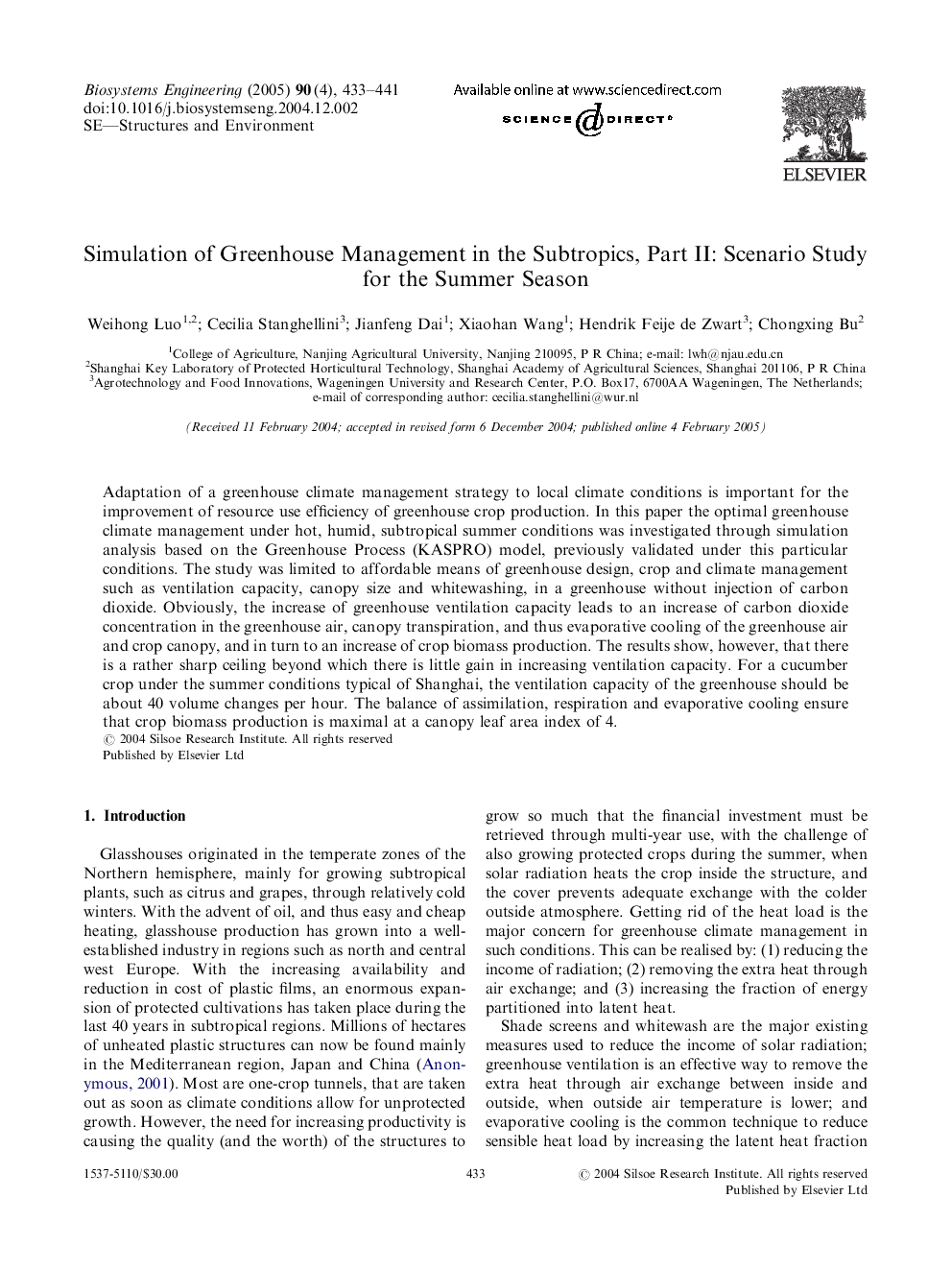 Simulation of Greenhouse Management in the Subtropics, Part II: Scenario Study for the Summer Season