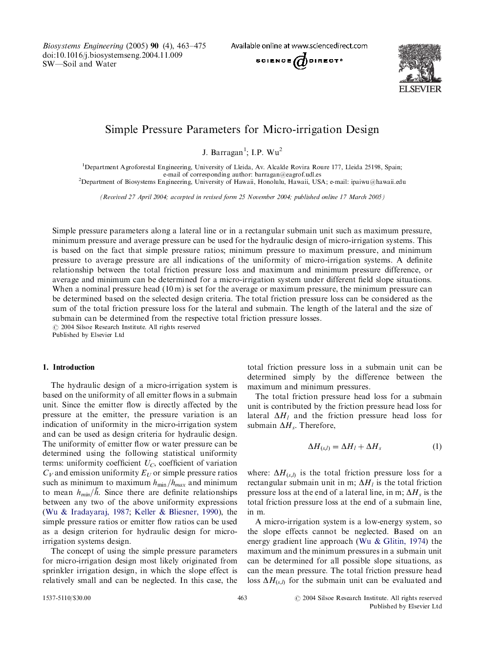 Simple Pressure Parameters for Micro-irrigation Design