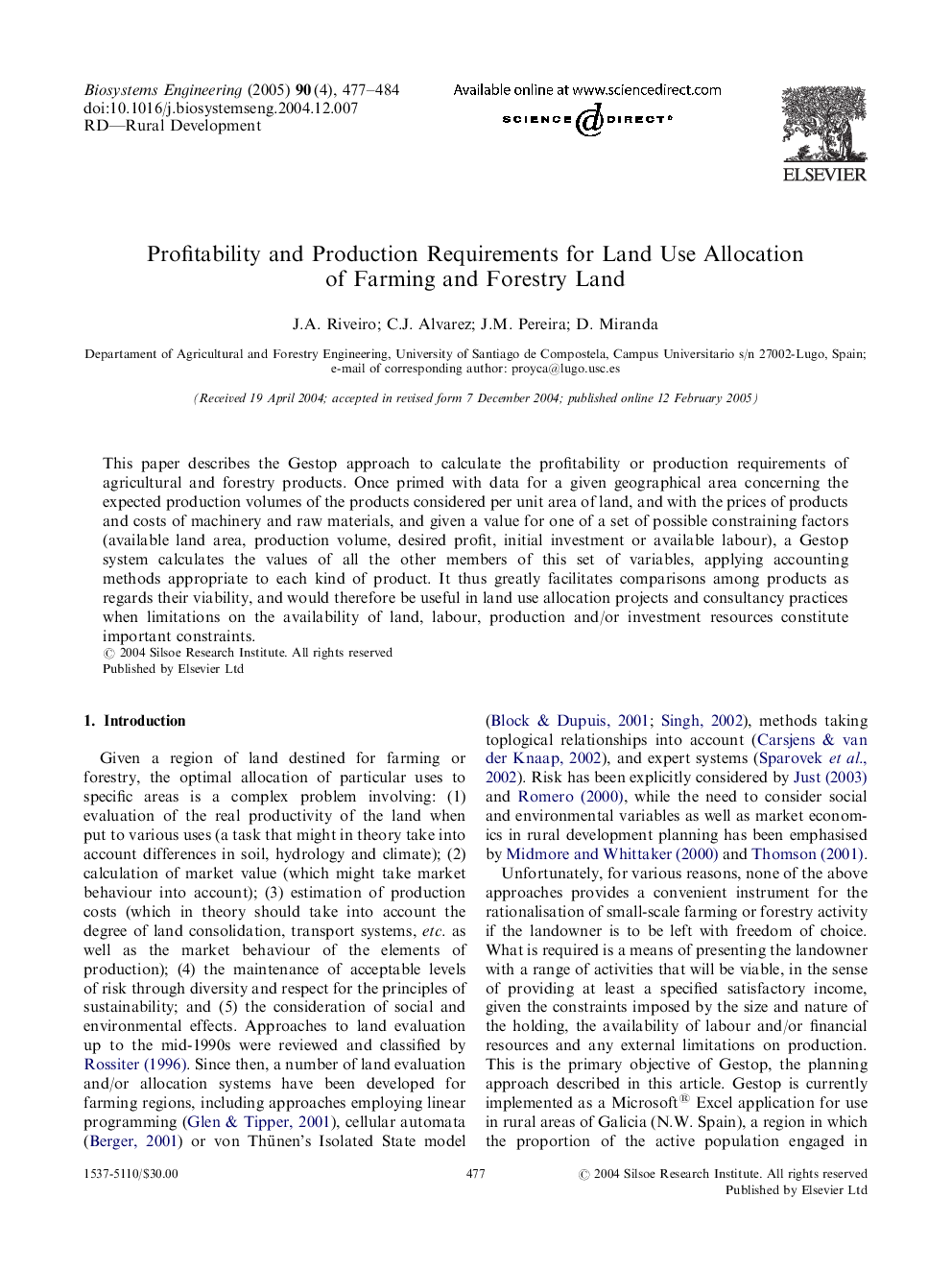 Profitability and Production Requirements for Land Use Allocation of Farming and Forestry Land