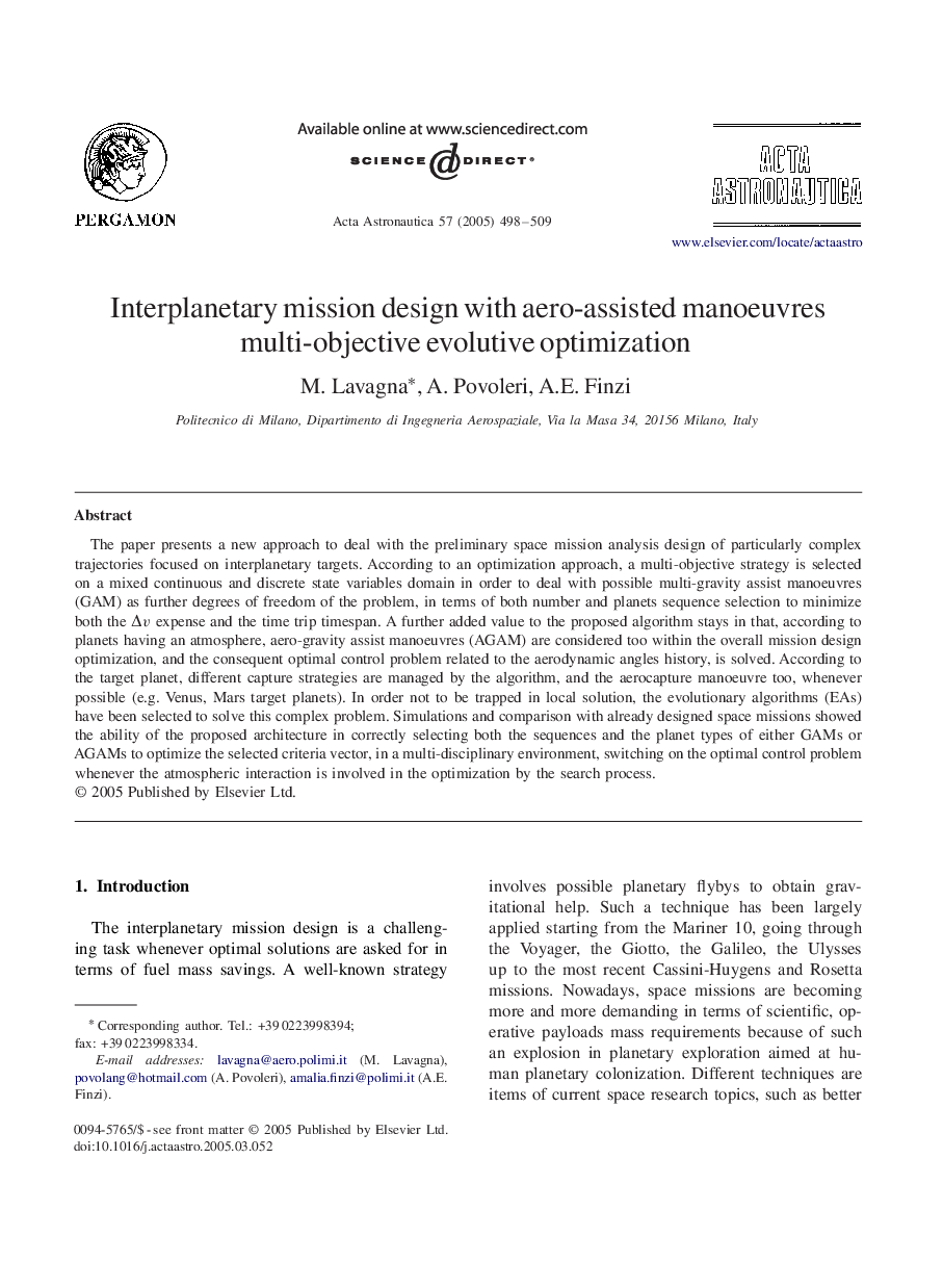 Interplanetary mission design with aero-assisted manoeuvres multi-objective evolutive optimization