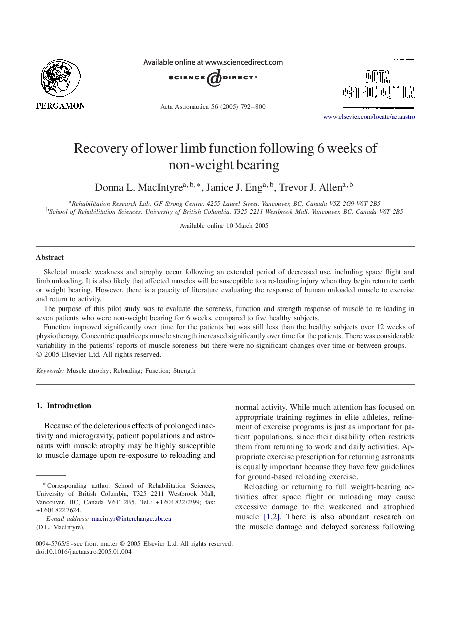 Recovery of lower limb function following 6 weeks of non-weight bearing