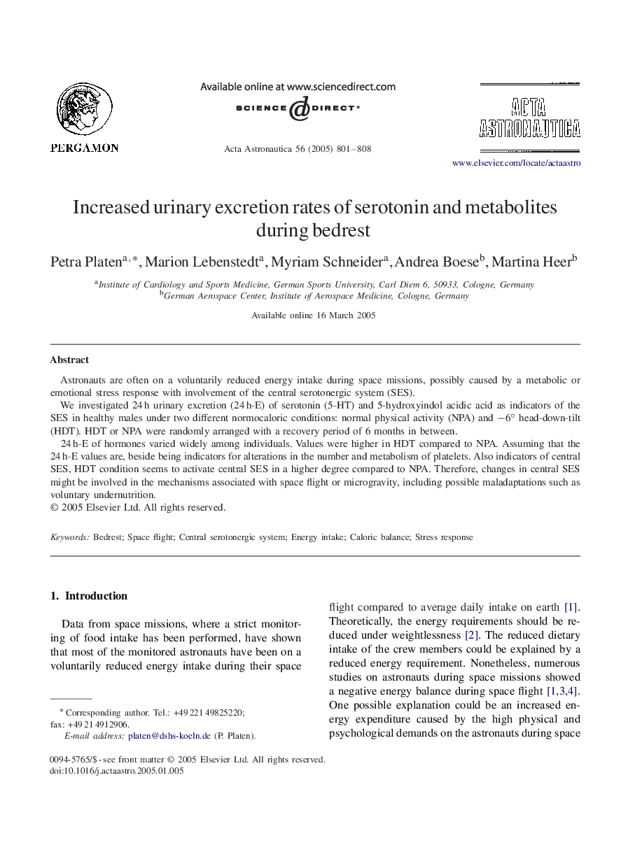 Increased urinary excretion rates of serotonin and metabolites during bedrest