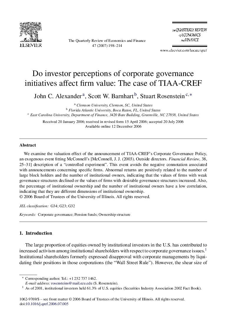 Do investor perceptions of corporate governance initiatives affect firm value: The case of TIAA-CREF