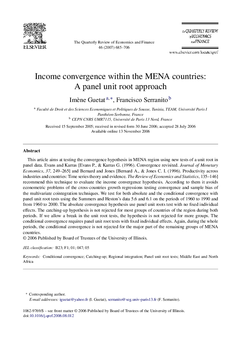 Income convergence within the MENA countries: A panel unit root approach