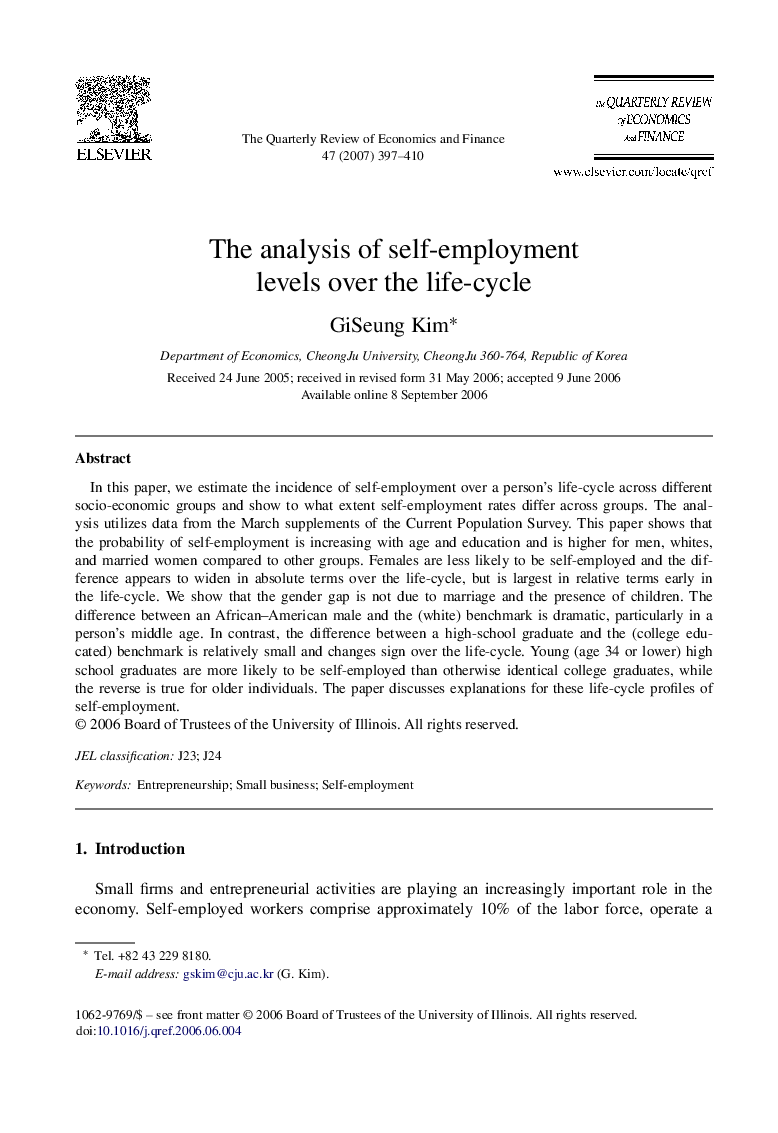 The analysis of self-employment levels over the life-cycle