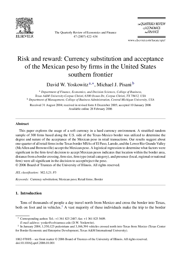 Risk and reward: Currency substitution and acceptance of the Mexican peso by firms in the United States southern frontier