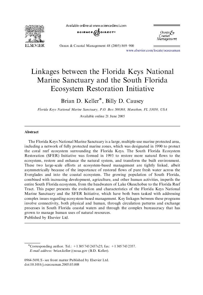 Linkages between the Florida Keys National Marine Sanctuary and the South Florida Ecosystem Restoration Initiative
