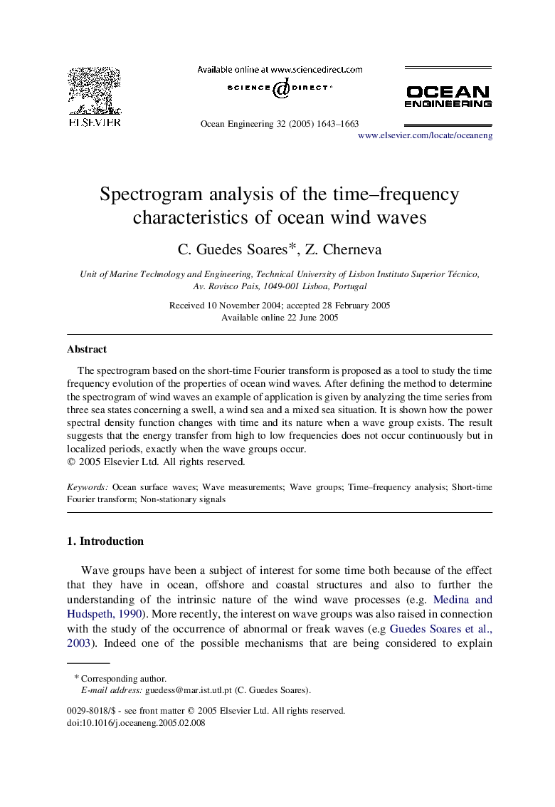 Spectrogram analysis of the time-frequency characteristics of ocean wind waves